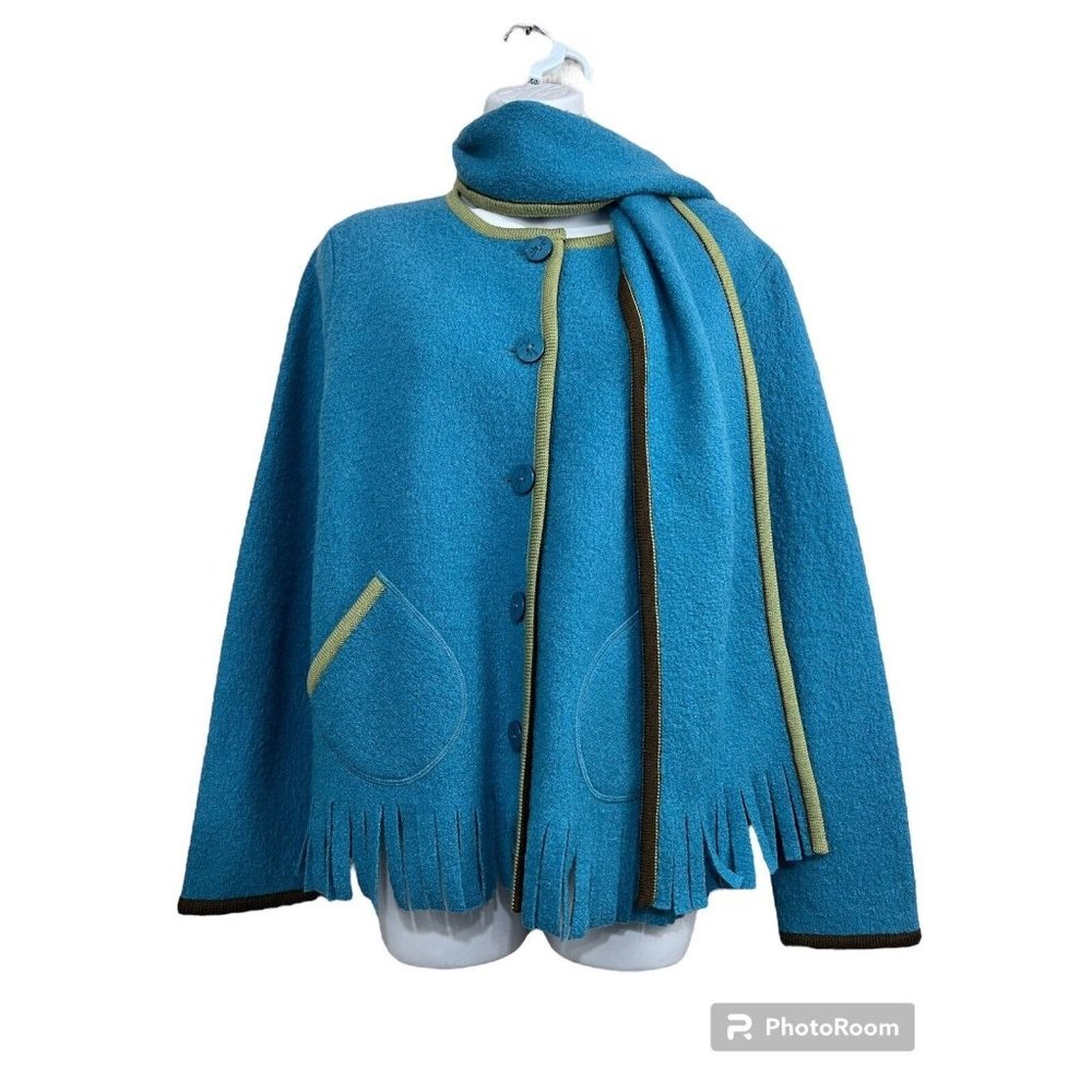 Women Wool Cardigan Removable Scarf Sz L Turquoise Fringes‎ Classy Minimalist